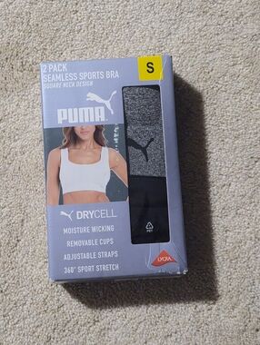 ​NIB Puma 2-Pack Seamless Square Neck Sports Bras DryCell Gray/Black Small